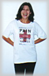 Angelique shows off the front of the Pain Management T-shirt