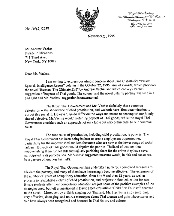 Letter from the Royal Thai Government Charge d' Affaires (11-15-95)
