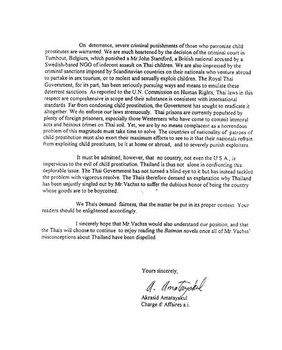 Letter from the Royal Thai Government Charge d' Affaires